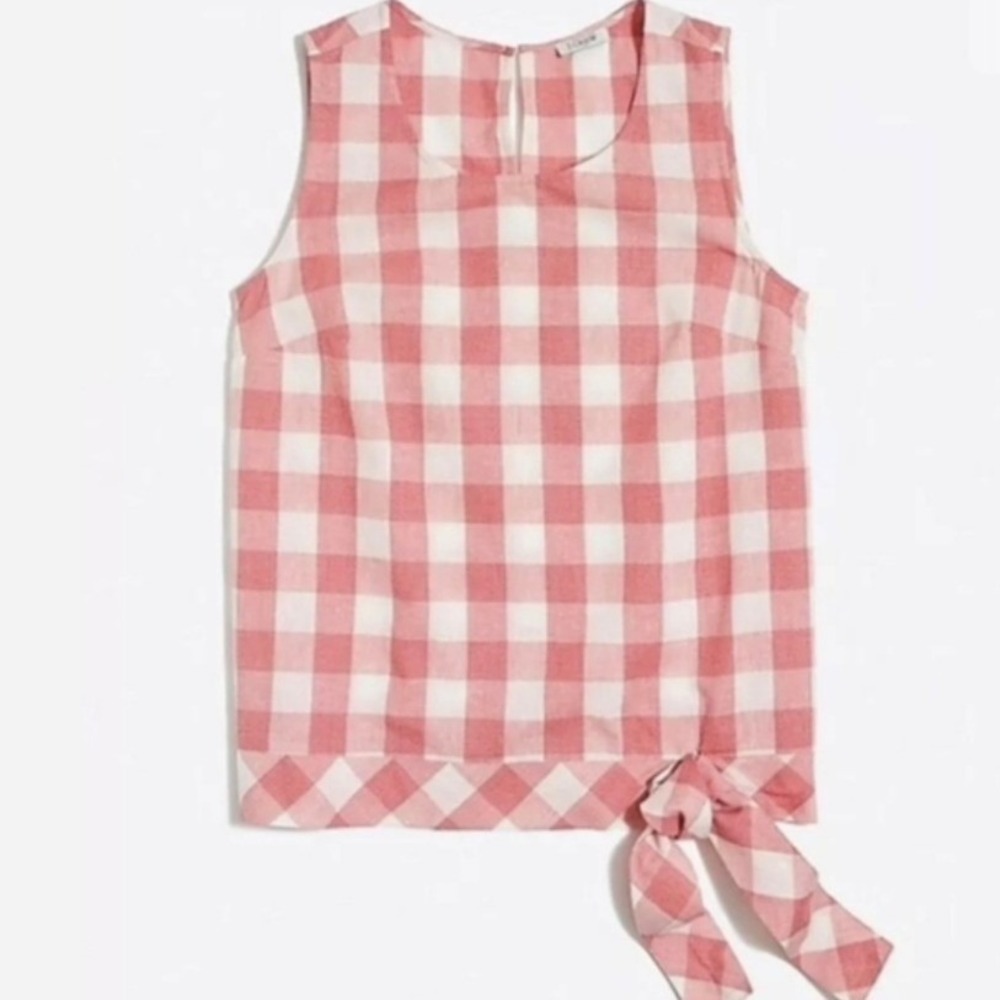 J.Crew Womens Coral Pink‎ Gingham Side Tie Cotton Linen Top Size 4 NWOT $80